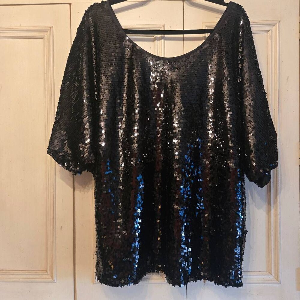 Racel Zoe Black Sequin Top Dolman Sleeve Lined Medium